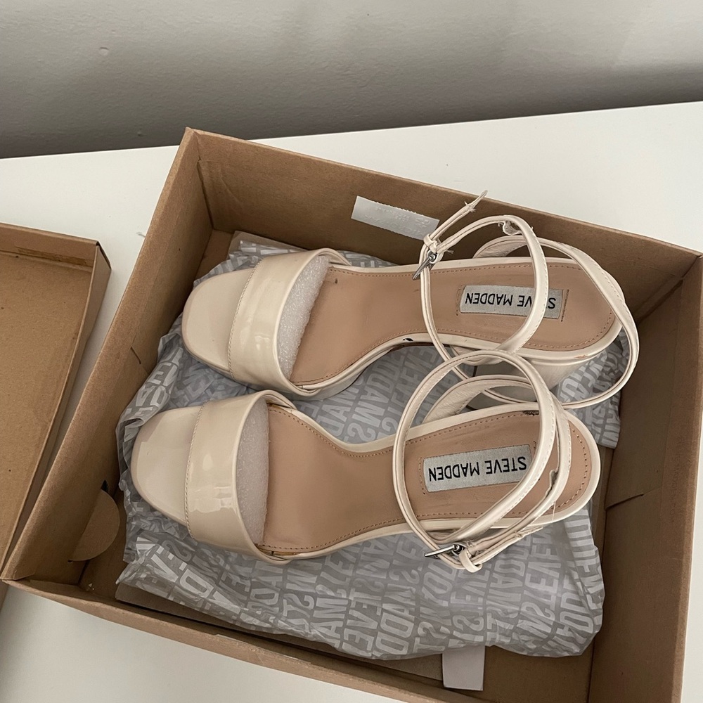 Steve Madden Cream Patent Block Heel Sandals with Ankle Strap - Picture 7 of 9